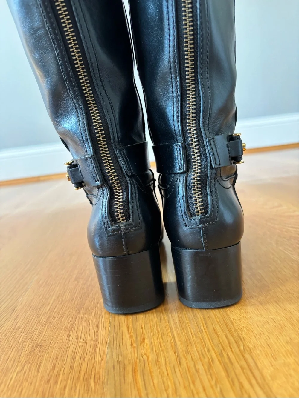 Tory Burch Women's Black Leather Mid-Heel Riding Boots